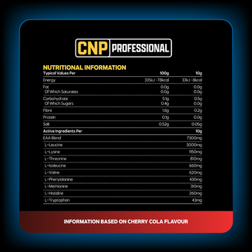 CNP Loaded EAA 300g nutritional information panel, values per 10g serving