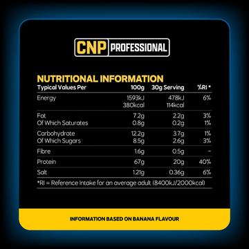 CNP Professional Whey 2kg nutritional information panel, values per 30g serving