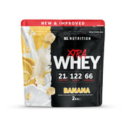 XL Xtra Whey 2kg container in Banana flavor, high-protein whey supplement.
