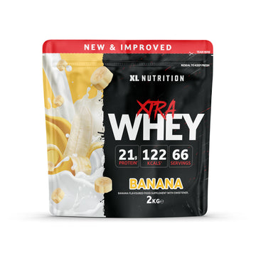 XL Xtra Whey 2kg container in Banana flavor, high-protein whey supplement.
