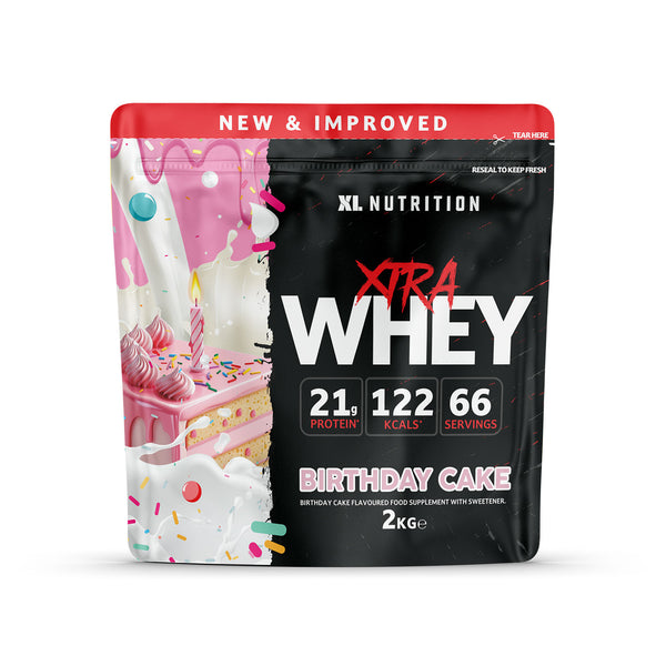 XL Xtra Whey 2kg container in Birthday Cake flavor, high-protein whey supplement.