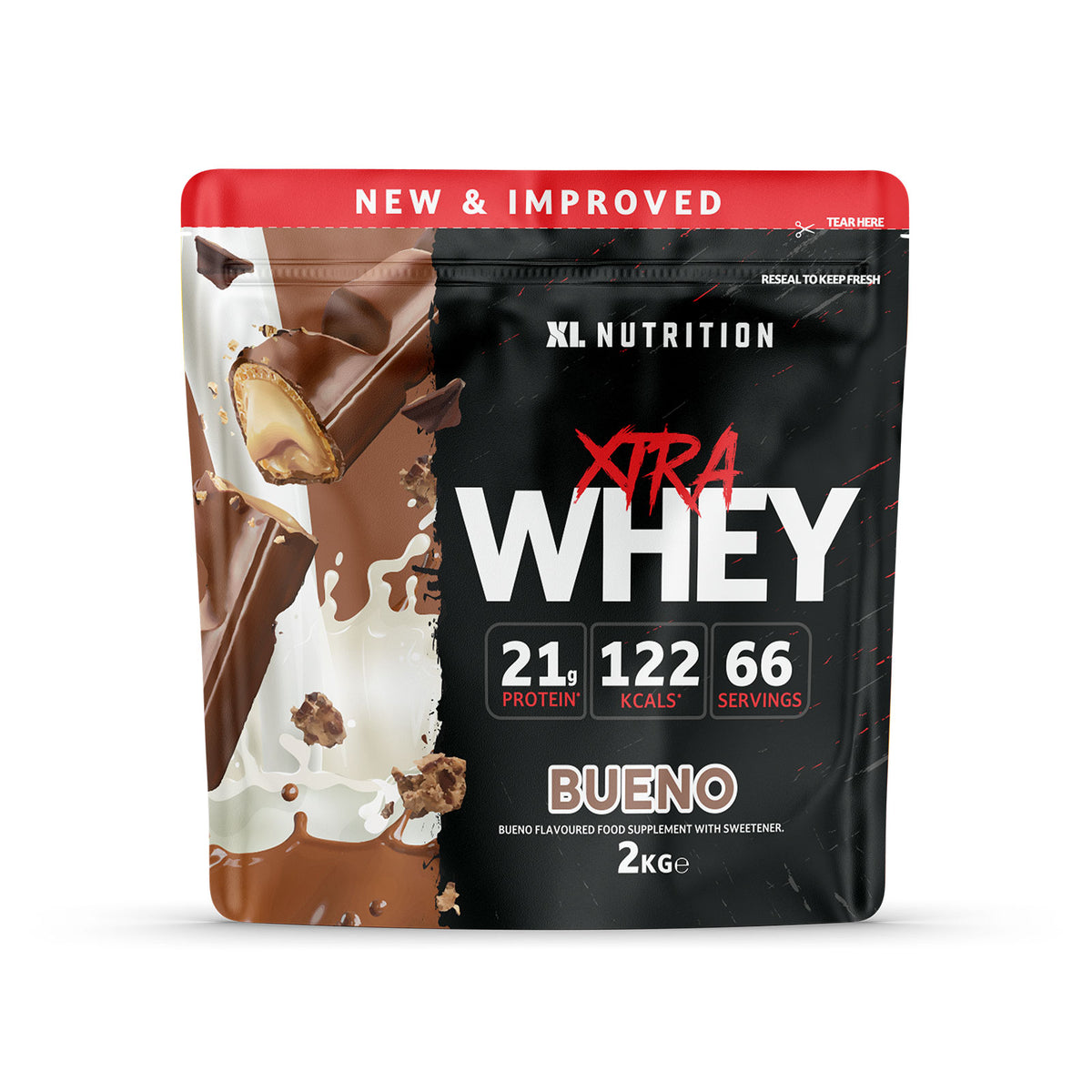 XL Xtra Whey 2kg container in Bueno flavor, high-protein whey supplement.