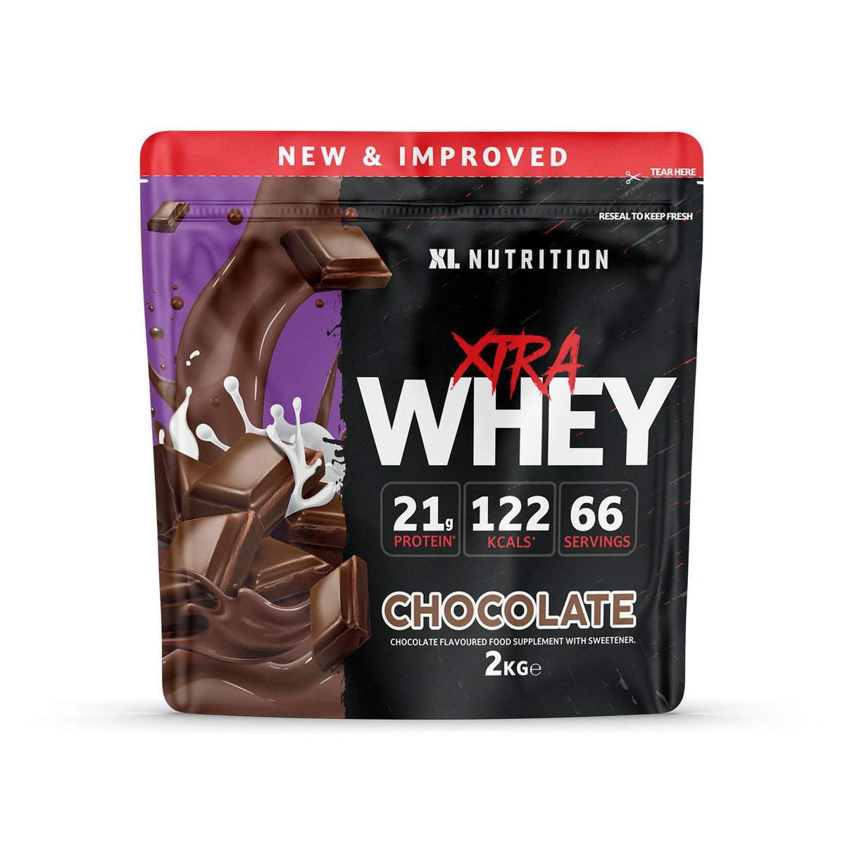 XL Xtra Whey 2kg container in Chocolate flavor, high-protein whey supplement.