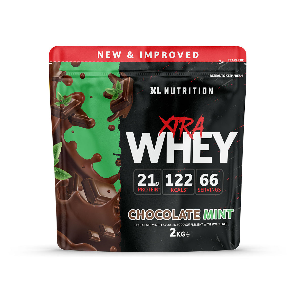 XL Xtra Whey 2kg container in Chocolate Mint flavor, high-protein whey supplement.