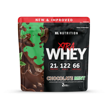 XL Xtra Whey 2kg container in Chocolate Mint flavor, high-protein whey supplement.