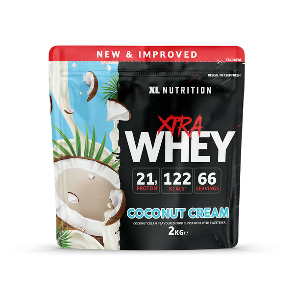 XL Xtra Whey 2kg container in Coconut flavor, high-protein whey supplement.
