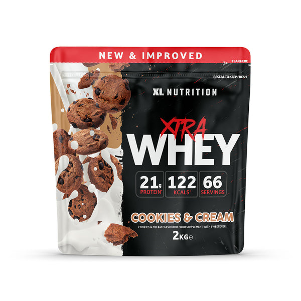 XL Xtra Whey 2kg container in Cookies & Cream flavor, high-protein whey supplement.