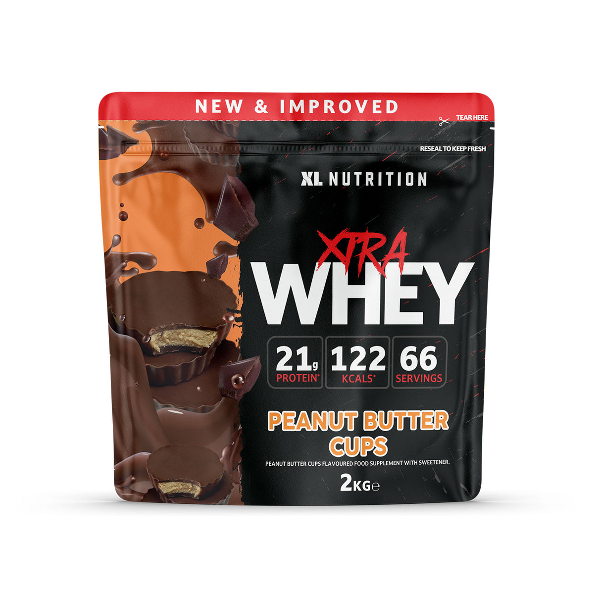 XL Xtra Whey 2kg container in Peanut Butter flavor, high-protein whey supplement.