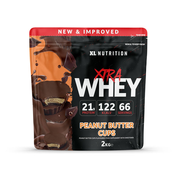XL Xtra Whey 2kg container in Peanut Butter flavor, high-protein whey supplement.