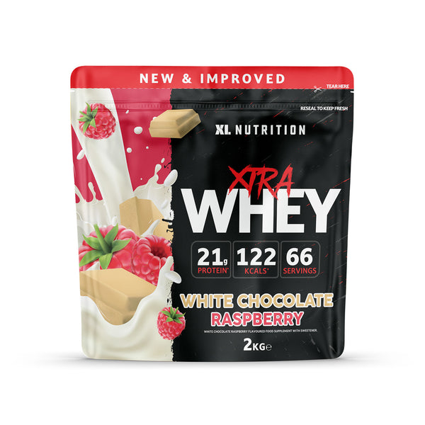 XL Xtra Whey 2kg container in Raspberry flavor, high-protein whey supplement.
