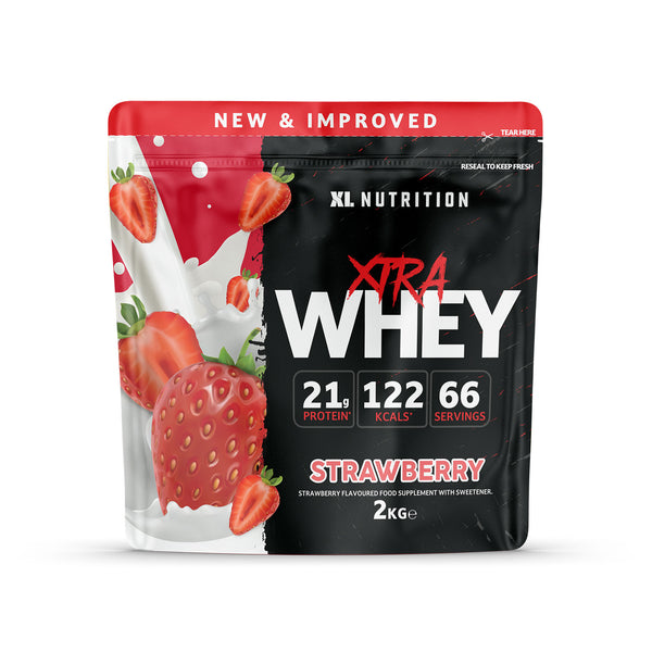 XL Xtra Whey 2kg container in Strawberry flavor, high-protein whey supplement.