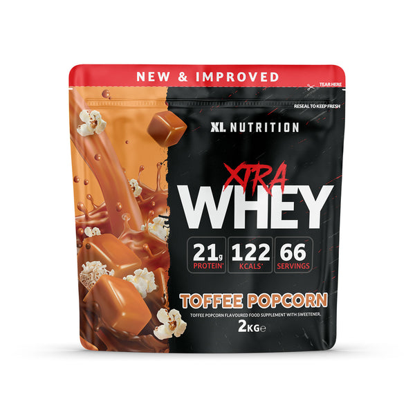 XL Xtra Whey 2kg container in Toffee flavor, high-protein whey supplement.