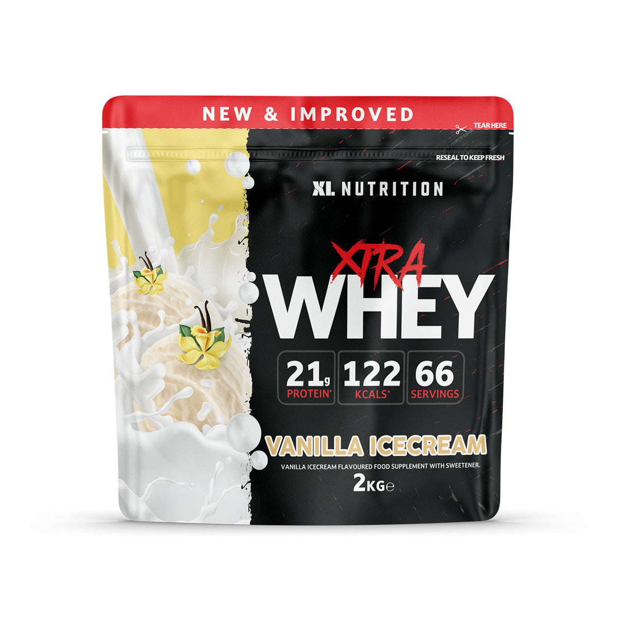 XL Xtra Whey 2kg container in Vanilla flavor, high-protein whey supplement.