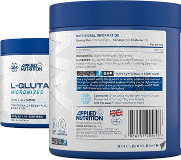Applied Nutrition L-Glutamine 250g nutritional information label, 5000mg L-glutamine per 5g scoop, 50 servings