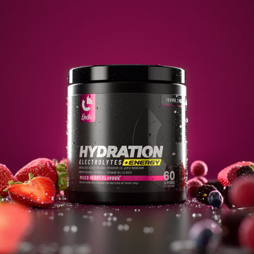Efectiv Nutrition Hydration plus Energy, Mixed Berry, tub with drink
