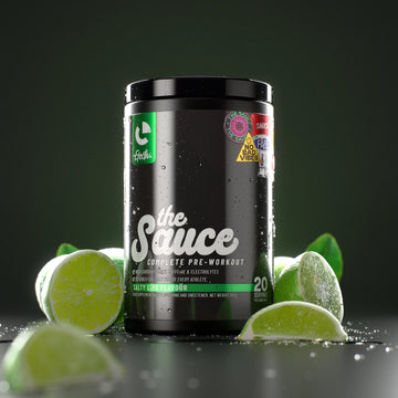 Efectiv Nutrition The Sauce pre-workout, Salty Lime, tub with drink